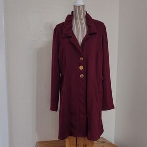 Malisun Burgundy Button Front Jersey Knit Long Cardigan w Pockets Size XL